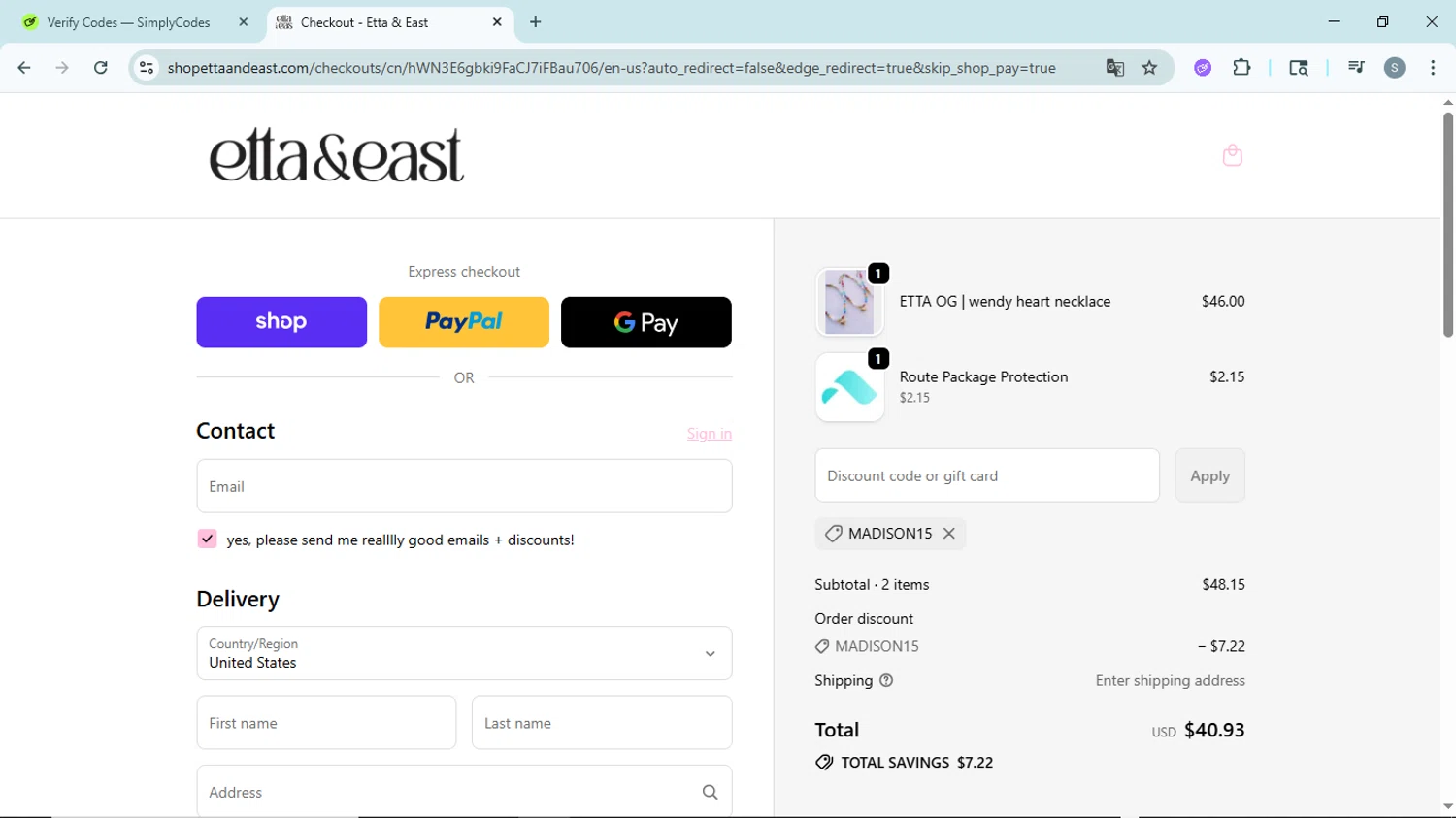 Etta + East promo code screenshot showing code Madison15 applied at Etta + East checkout page. Uploaded by SimplyCodes community member EpicScholar6418 on Sep 21, 2025