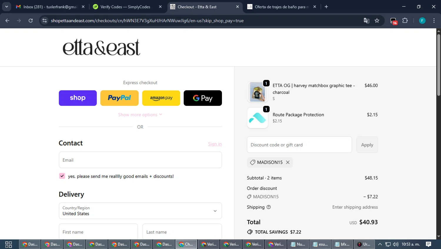 Etta + East promo code screenshot showing code Madison15 applied at Etta + East checkout page. Uploaded by SimplyCodes community member ShrewdTitan3233 on Sep 21, 2025