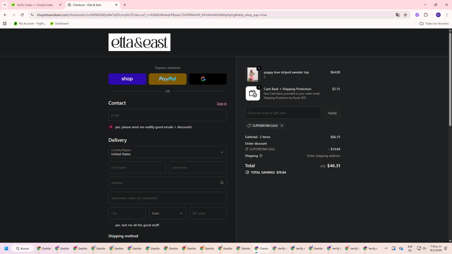 Etta + East checkout page showing Etta + East promo code box | Screenshot taken by SimplyCodes community member on Feb 8, 2026