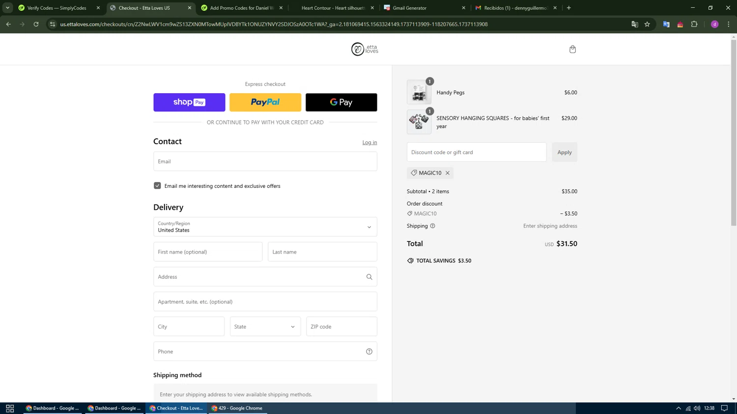 Etta Loves discount code screenshot showing code MAGIC10 applied at Etta Loves checkout page. Uploaded by SimplyCodes community member SwiftFox1285 on Jan 17, 2025