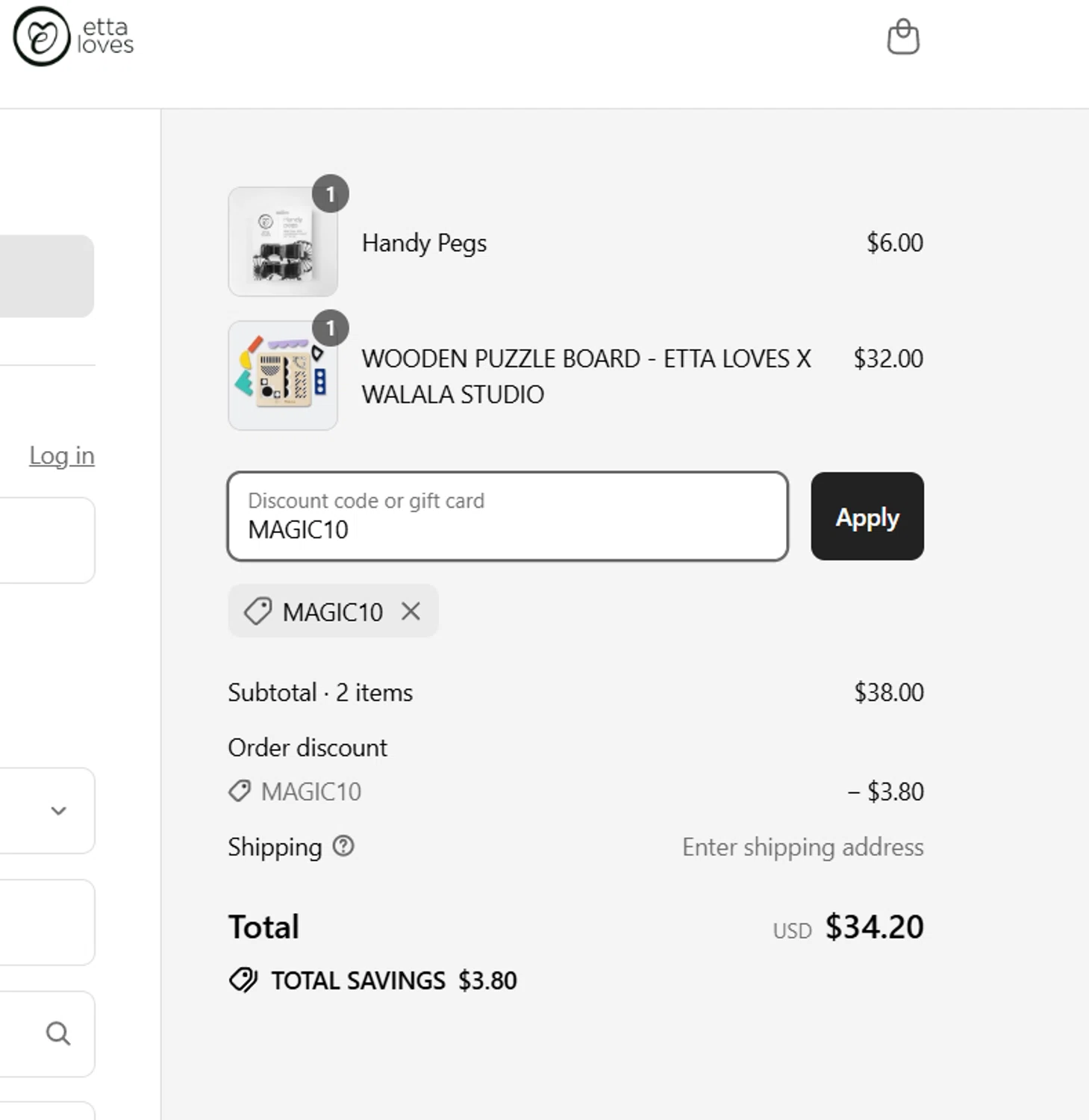 Etta Loves discount code screenshot showing code MAGIC10 applied at Etta Loves checkout page. Uploaded by SimplyCodes community member jessikasanckez23 on Jul 9, 2025