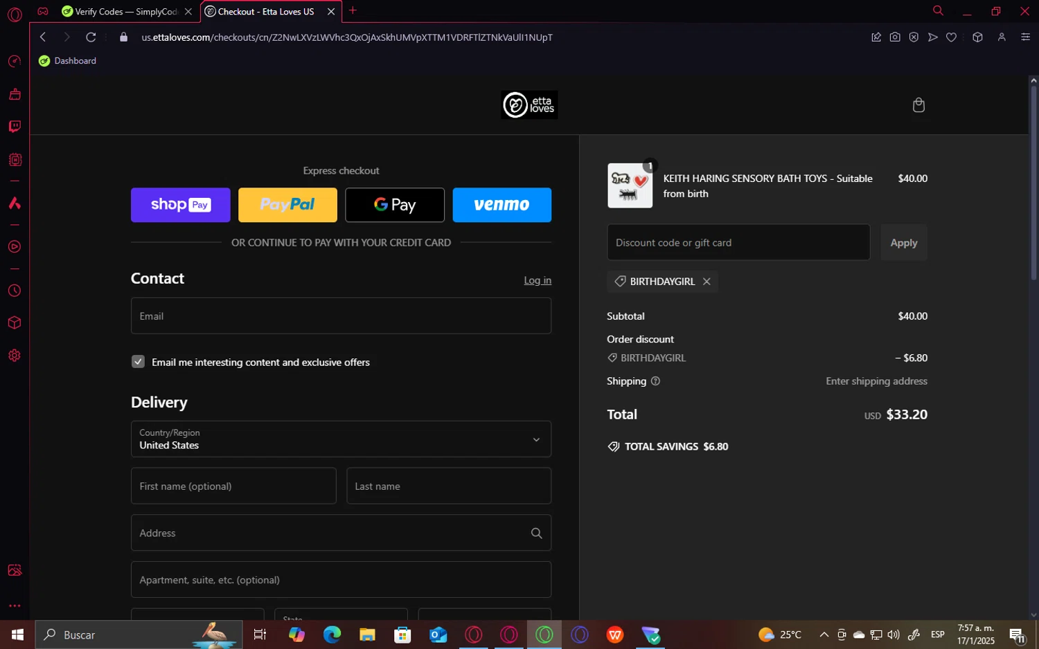 Etta Loves discount code screenshot showing code BIRTHDAYGIRL applied at Etta Loves checkout page. Uploaded by SimplyCodes community member GoldHawk6293 on Jan 17, 2025