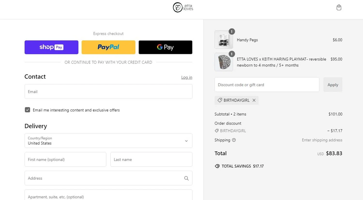 Etta Loves discount code screenshot showing code BIRTHDAYGIRL applied at Etta Loves checkout page. Uploaded by SimplyCodes community member angelfigueroa2008 on Jan 17, 2025