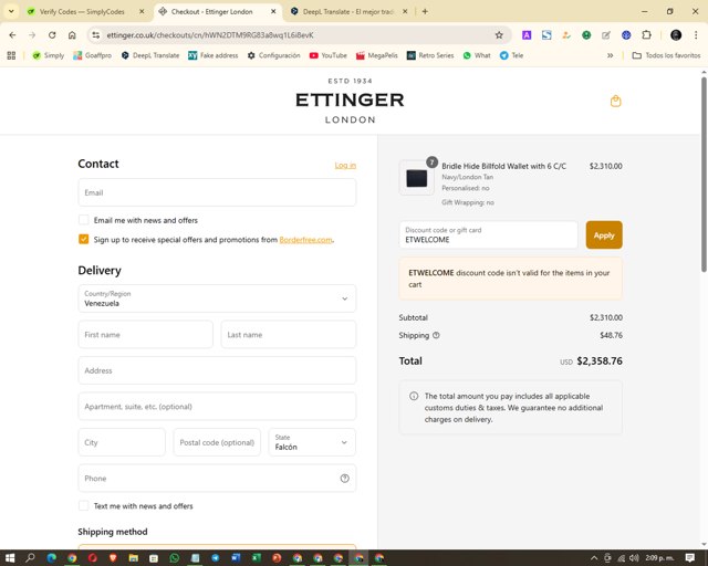 Ettinger checkout page showing Ettinger promo code box | Screenshot taken by SimplyCodes community member on Aug 25, 2025