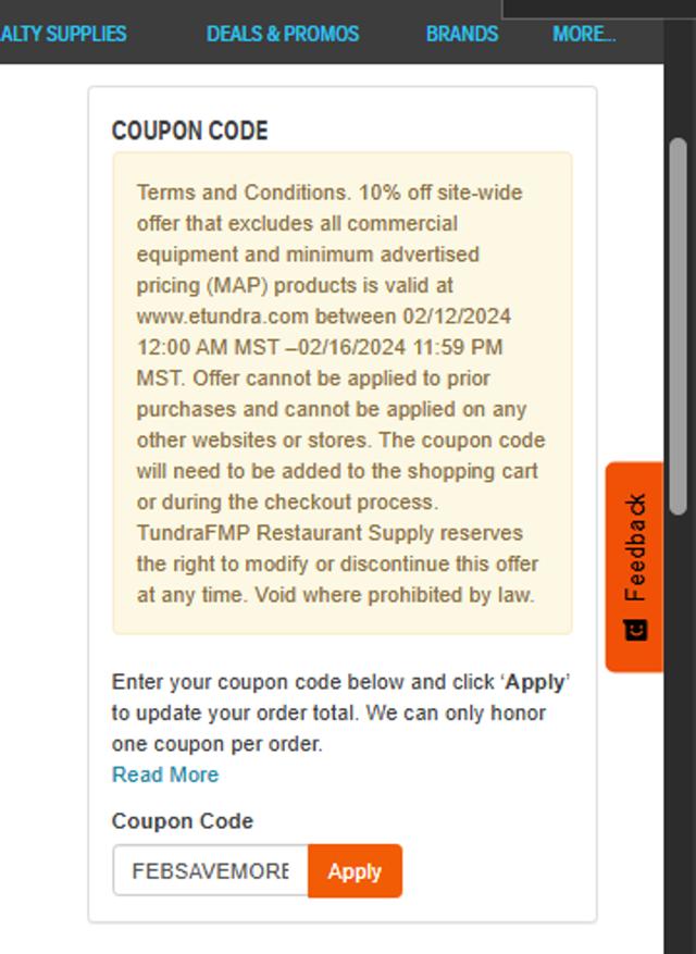 Tundra Restaurant Supply checkout page showing Tundra Restaurant Supply promo code box | Screenshot taken by SimplyCodes community member on Sep 7, 2025