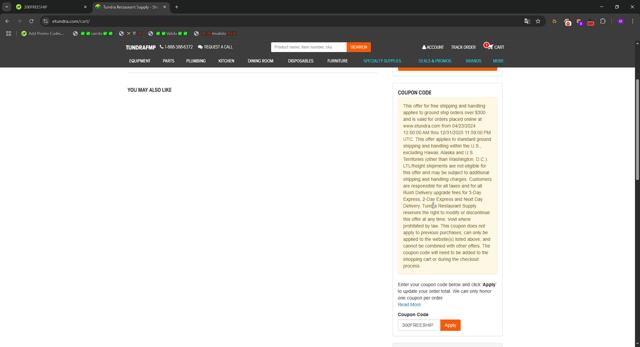 Tundra Restaurant Supply checkout page showing Tundra Restaurant Supply promo code box | Screenshot taken by SimplyCodes community member on Jun 20, 2025
