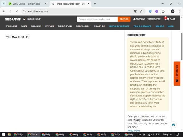 Tundra Restaurant Supply checkout page showing Tundra Restaurant Supply promo code box | Screenshot taken by SimplyCodes community member on Jul 8, 2025