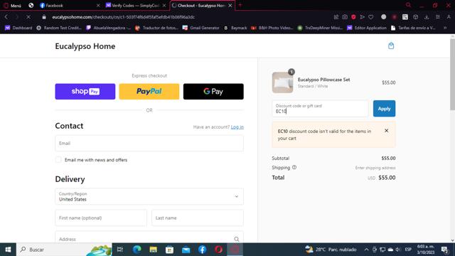 Eucalypso Home checkout page showing Eucalypso Home promo code box | Screenshot taken by SimplyCodes community member on Oct 3, 2023