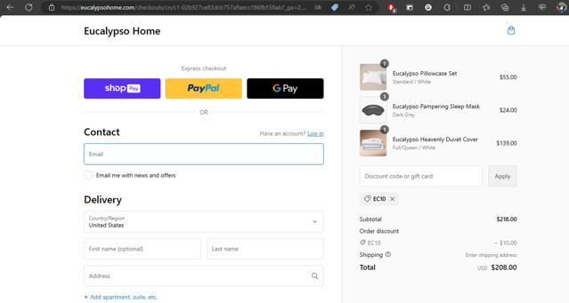 Eucalypso Home checkout page showing Eucalypso Home promo code box | Screenshot taken by SimplyCodes community member on Oct 20, 2023