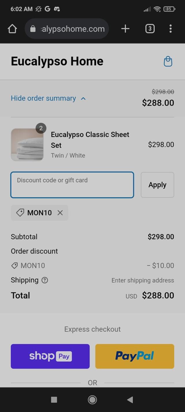 Eucalypso Home checkout page showing Eucalypso Home promo code box | Screenshot taken by SimplyCodes community member on Oct 3, 2023