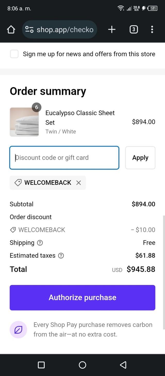Eucalypso Home checkout page showing Eucalypso Home promo code box | Screenshot taken by SimplyCodes community member on Oct 20, 2023