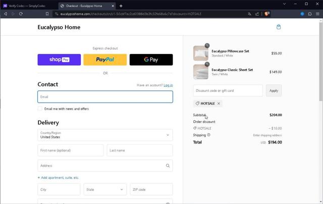 Eucalypso Home checkout page showing Eucalypso Home promo code box | Screenshot taken by SimplyCodes community member on Oct 3, 2023