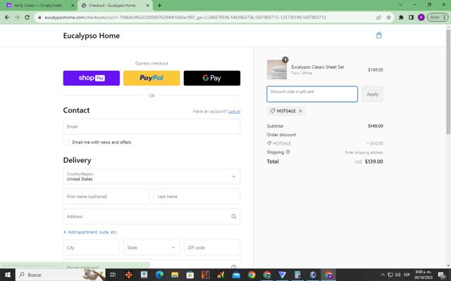 Eucalypso Home checkout page showing Eucalypso Home promo code box | Screenshot taken by SimplyCodes community member on Oct 20, 2023