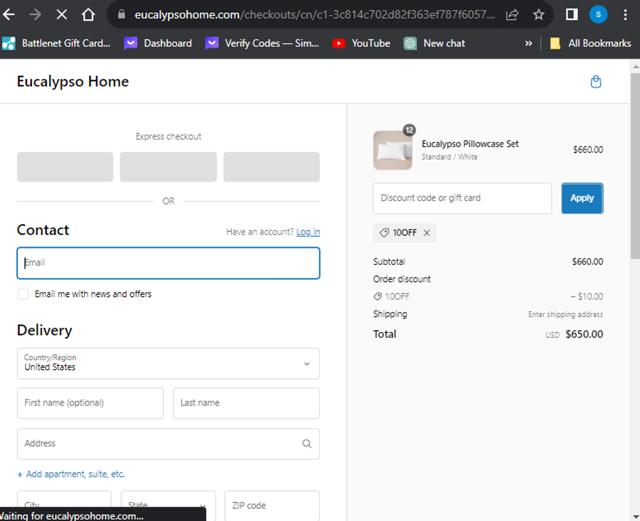 Eucalypso Home checkout page showing Eucalypso Home promo code box | Screenshot taken by SimplyCodes community member on Sep 25, 2023