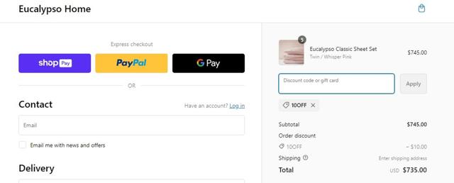 Eucalypso Home checkout page showing Eucalypso Home promo code box | Screenshot taken by SimplyCodes community member on Oct 20, 2023
