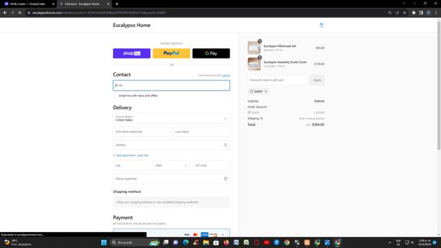 Eucalypso Home checkout page showing Eucalypso Home promo code box | Screenshot taken by SimplyCodes community member on Oct 3, 2023