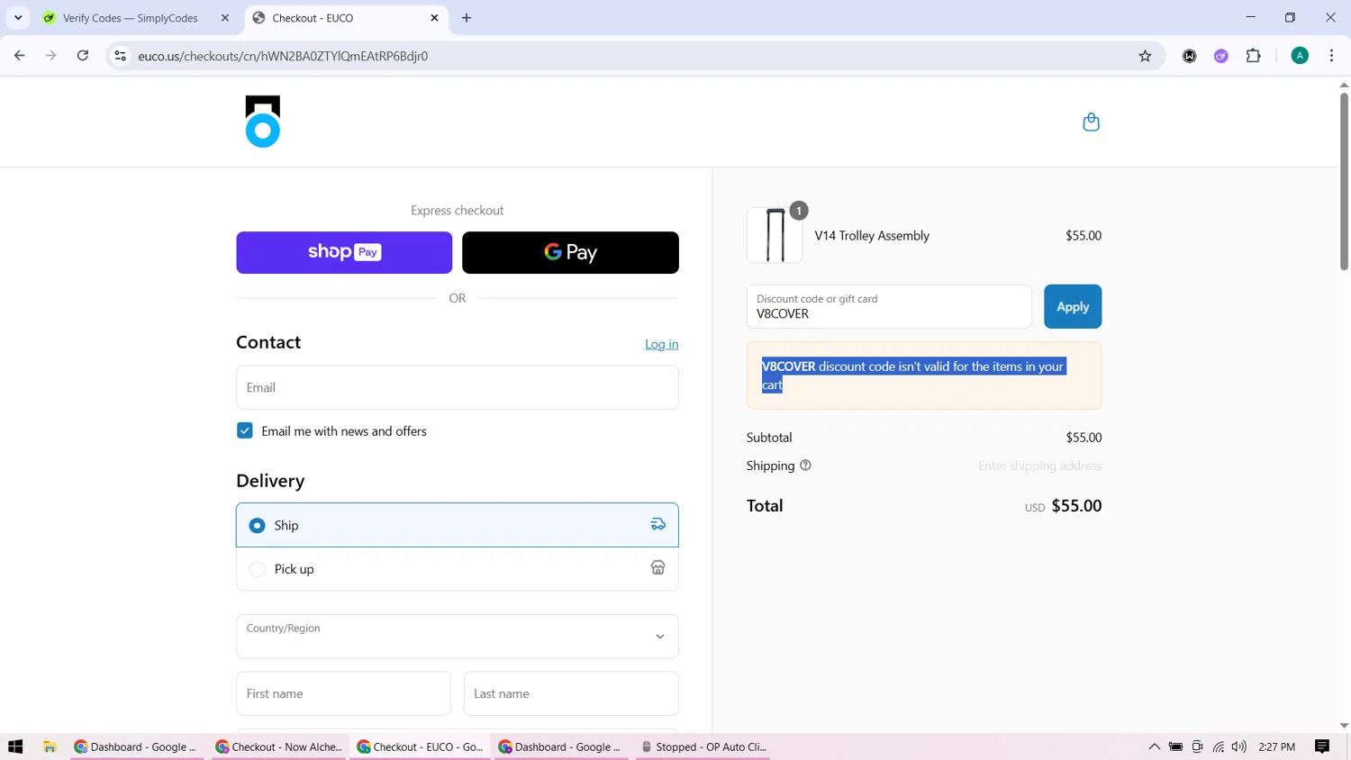 Electric Unicycle Collective promo code screenshot showing code V8COVER applied at Electric Unicycle Collective checkout page. Uploaded by SimplyCodes community member ShieldHunter3846 on Aug 24, 2025