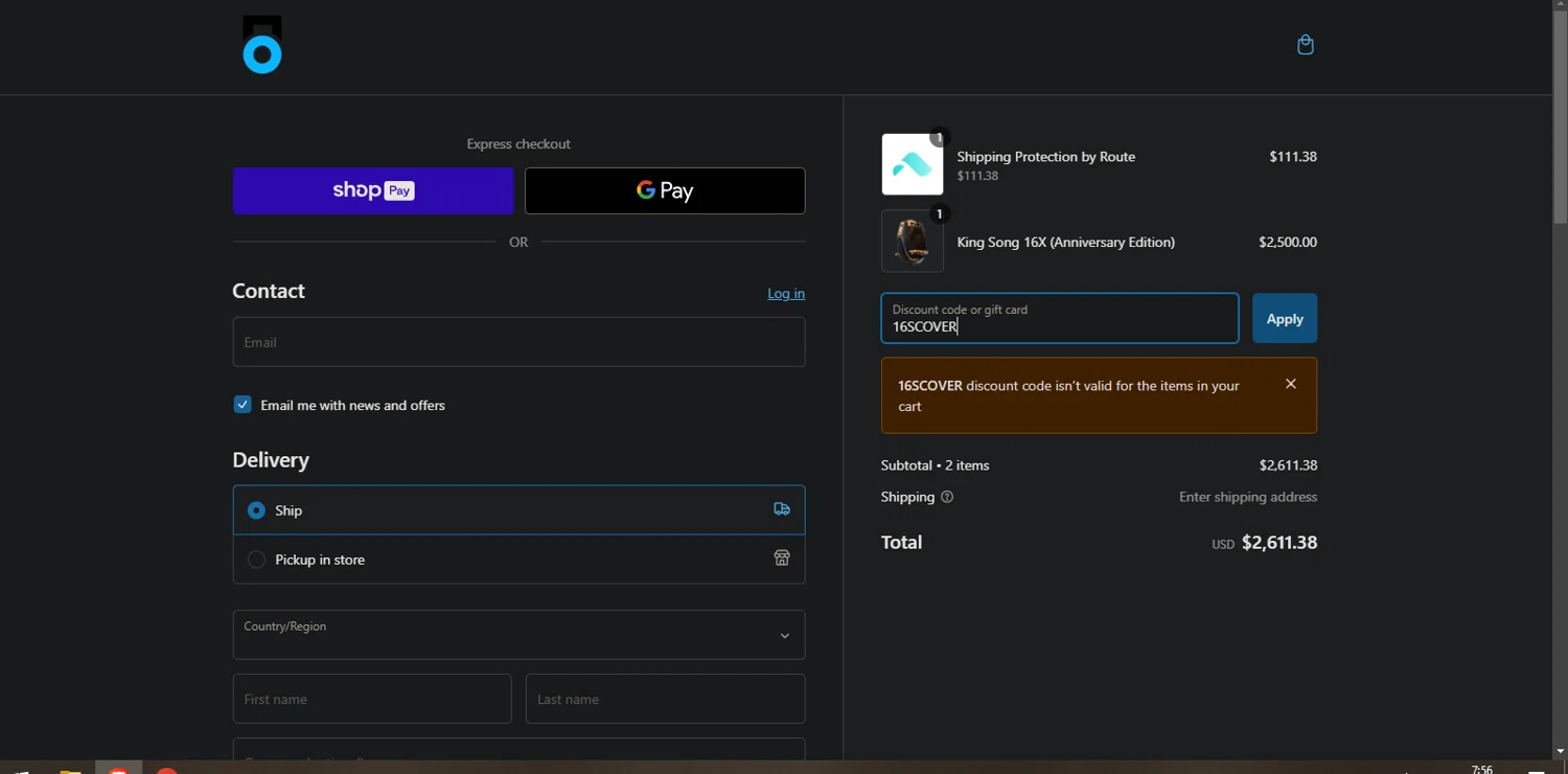 Electric Unicycle Collective promo code screenshot showing code 16SCOVER applied at Electric Unicycle Collective checkout page. Uploaded by SimplyCodes community member Phil_YNN on Jan 6, 2025