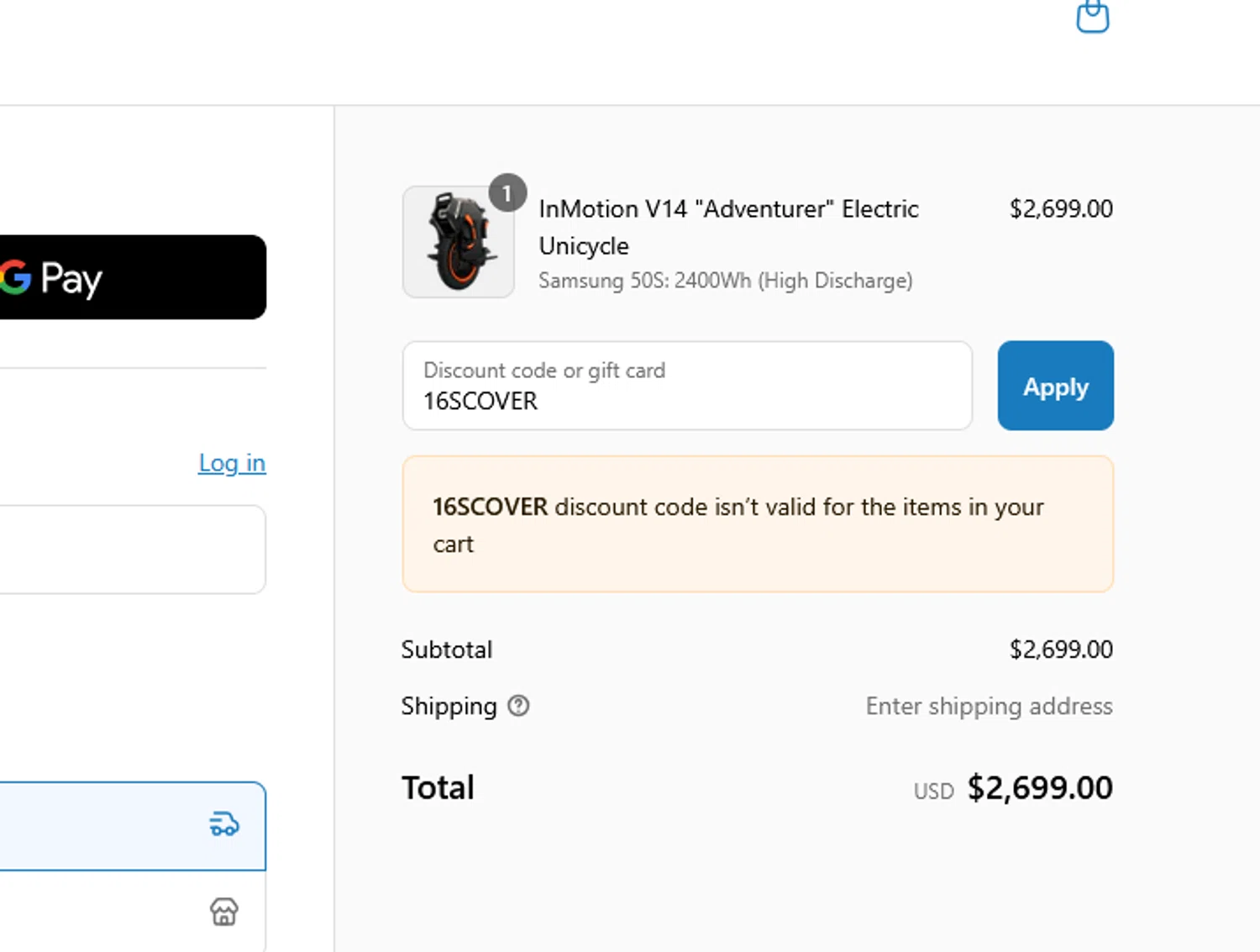 Electric Unicycle Collective promo code screenshot showing code 16SCOVER applied at Electric Unicycle Collective checkout page. Uploaded by SimplyCodes community member goldhooh on Jul 12, 2025