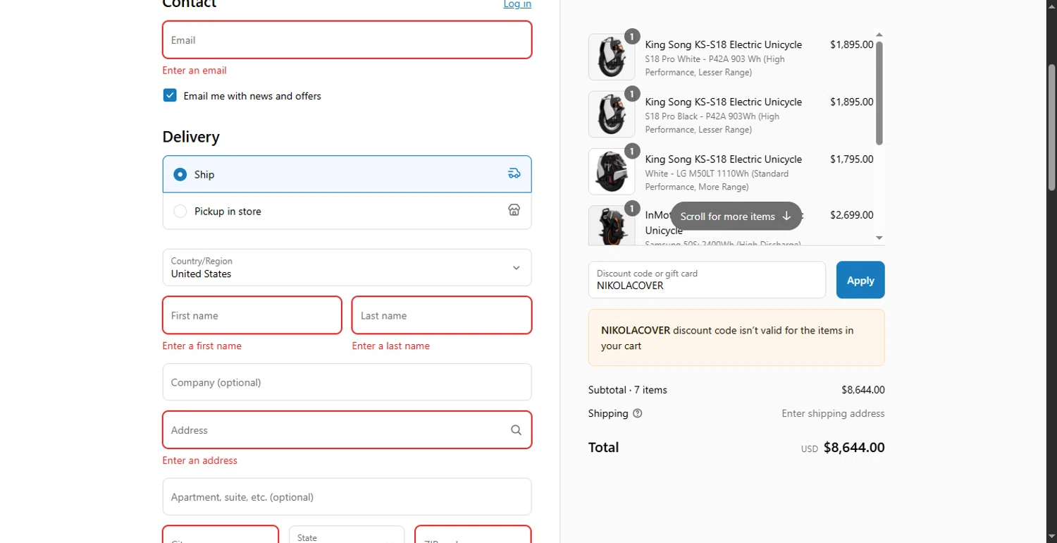 Electric Unicycle Collective promo code screenshot showing code NIKOLACOVER applied at Electric Unicycle Collective checkout page. Uploaded by SimplyCodes community member LlonardoLotes on Jul 11, 2025