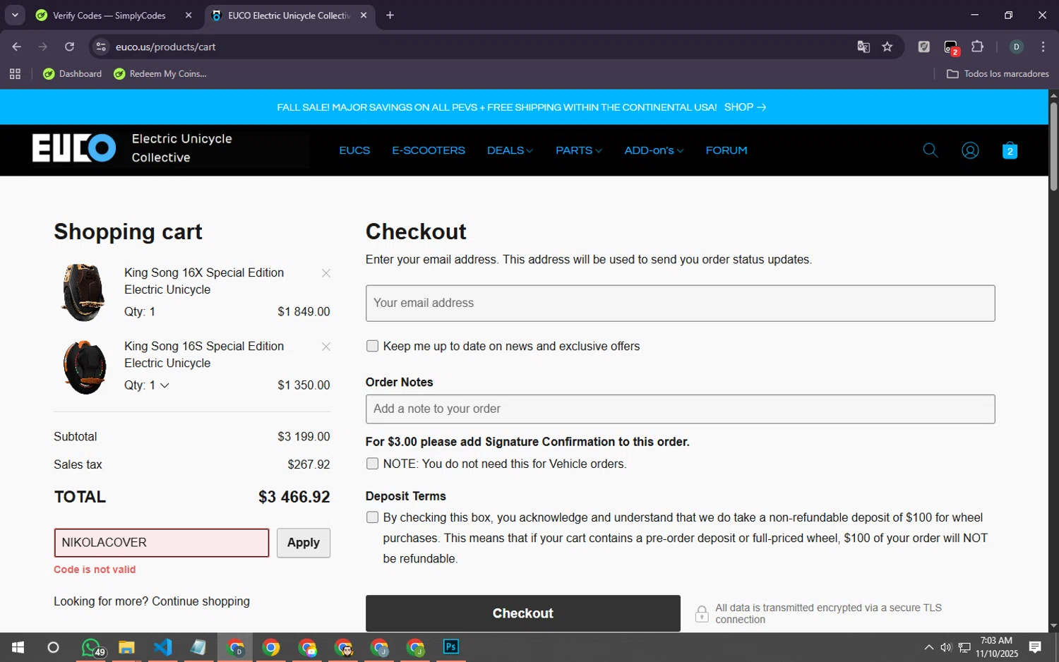 Electric Unicycle Collective promo code screenshot showing code NIKOLACOVER applied at Electric Unicycle Collective checkout page. Uploaded by SimplyCodes community member Rei_Chikita_uwu on Nov 10, 2025