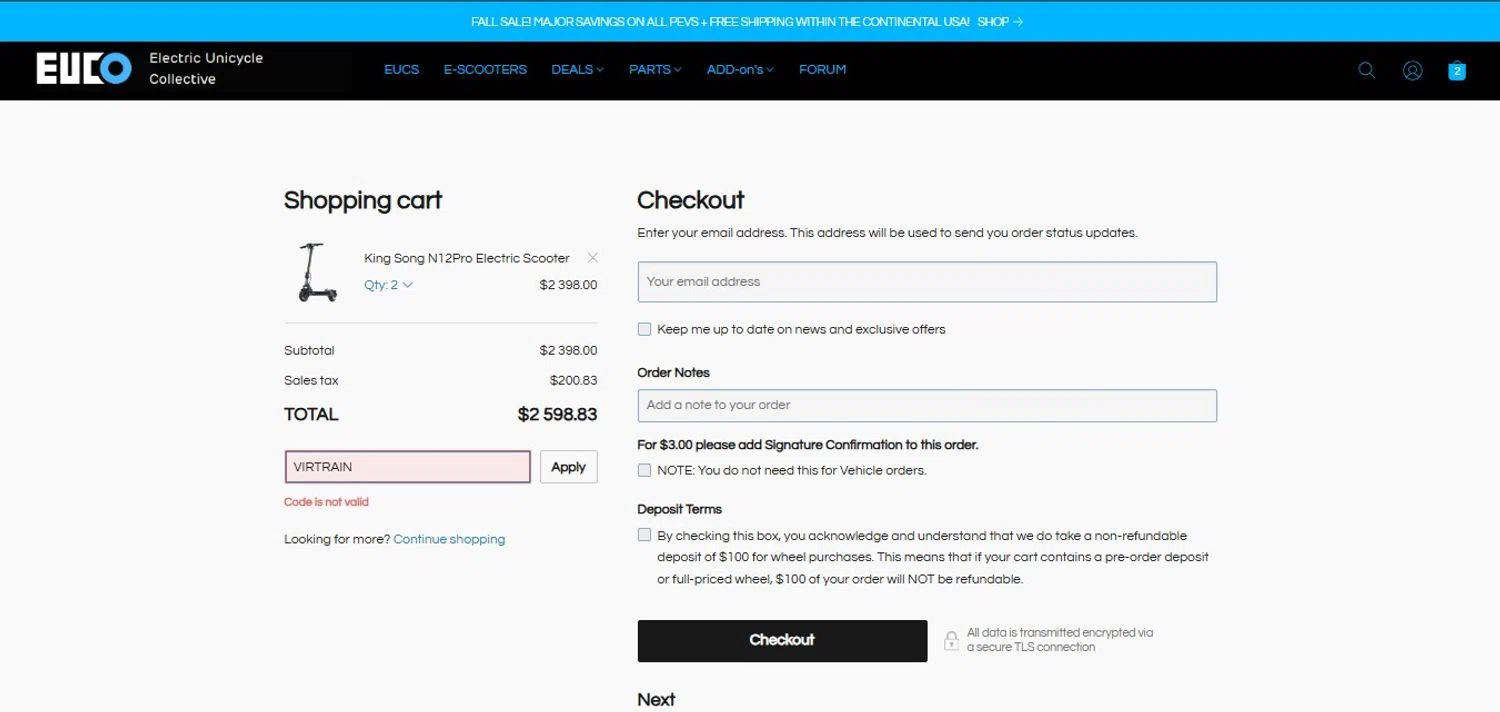 Electric Unicycle Collective promo code screenshot showing code VIRTRAIN applied at Electric Unicycle Collective checkout page. Uploaded by SimplyCodes community member FortunateScholar5901 on Nov 10, 2025
