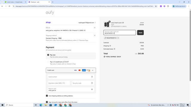 Eufy checkout page showing Eufy discount code box | Screenshot taken by SimplyCodes community member on Sep 6, 2025