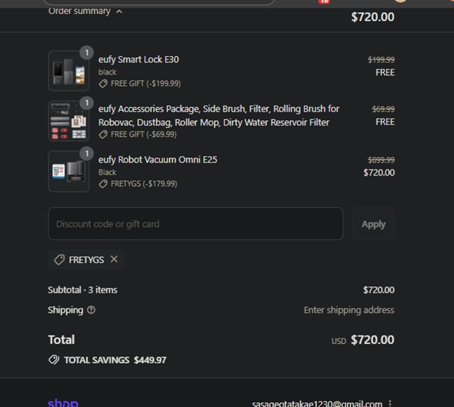 Eufy checkout page showing Eufy discount code box | Screenshot taken by SimplyCodes community member on Sep 7, 2025