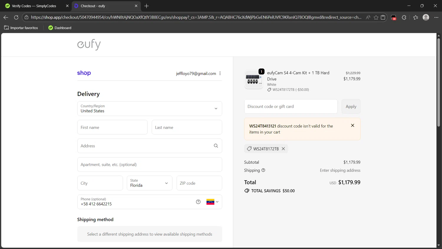 Eufy promo code screenshot showing code WS24T8413121 applied at Eufy checkout page. Uploaded by SimplyCodes community member dragonjeffer_93a9 on Feb 17, 2026