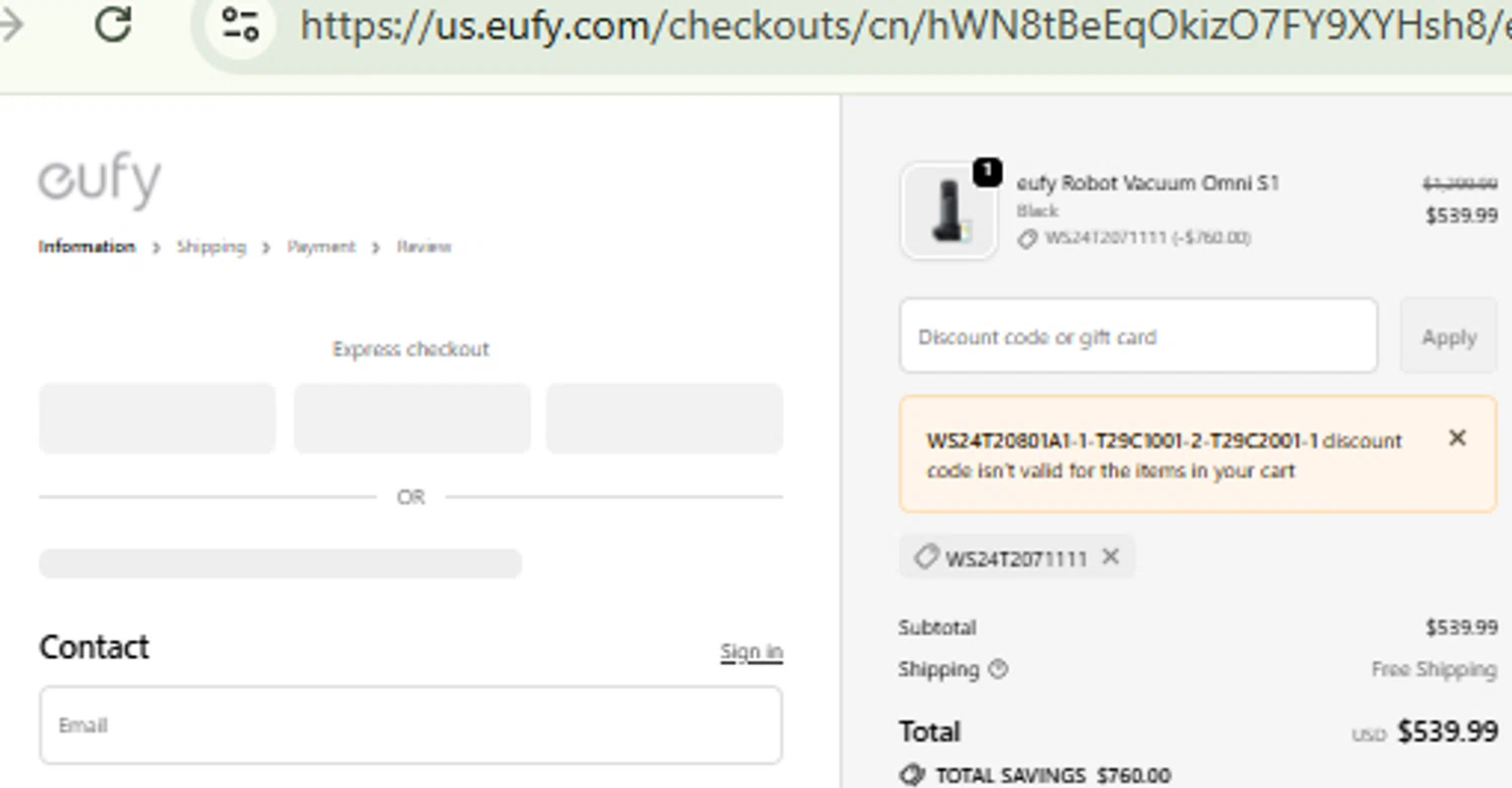 Eufy promo code screenshot showing code WS24T20801A1-1-T29C1001-2-T29C2001-1 applied at Eufy checkout page. Uploaded by SimplyCodes community member RewardFinder4836 on Feb 17, 2026
