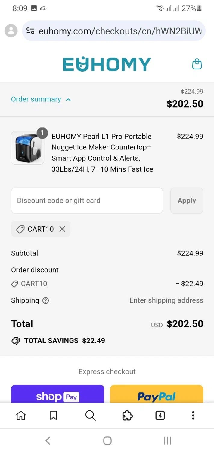 Euhomy discount code screenshot showing code CART10 applied at Euhomy checkout page. Uploaded by SimplyCodes community member Menotii23 on Aug 25, 2025