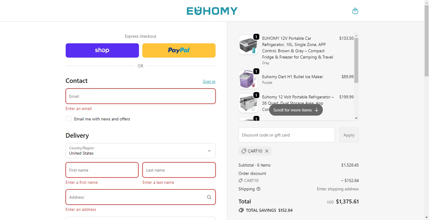 Euhomy discount code screenshot showing code CART10 applied at Euhomy checkout page. Uploaded by SimplyCodes community member ShieldLion4225 on Oct 21, 2025