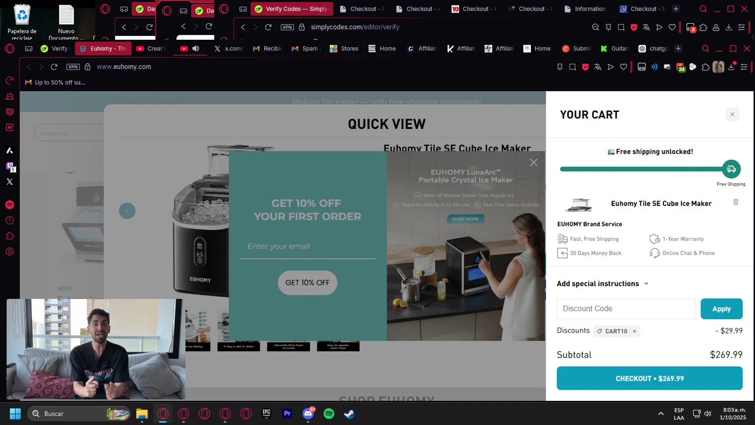 Euhomy discount code screenshot showing code CART10 applied at Euhomy checkout page. Uploaded by SimplyCodes community member kurcovein on Oct 1, 2025