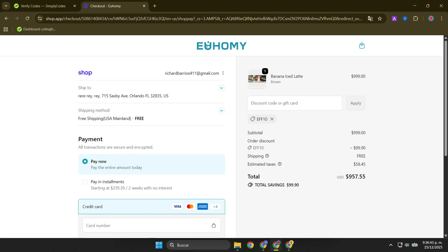 Euhomy discount code screenshot showing code EFF10 applied at Euhomy checkout page. Uploaded by SimplyCodes community member FortunateElite9977 on Dec 26, 2025