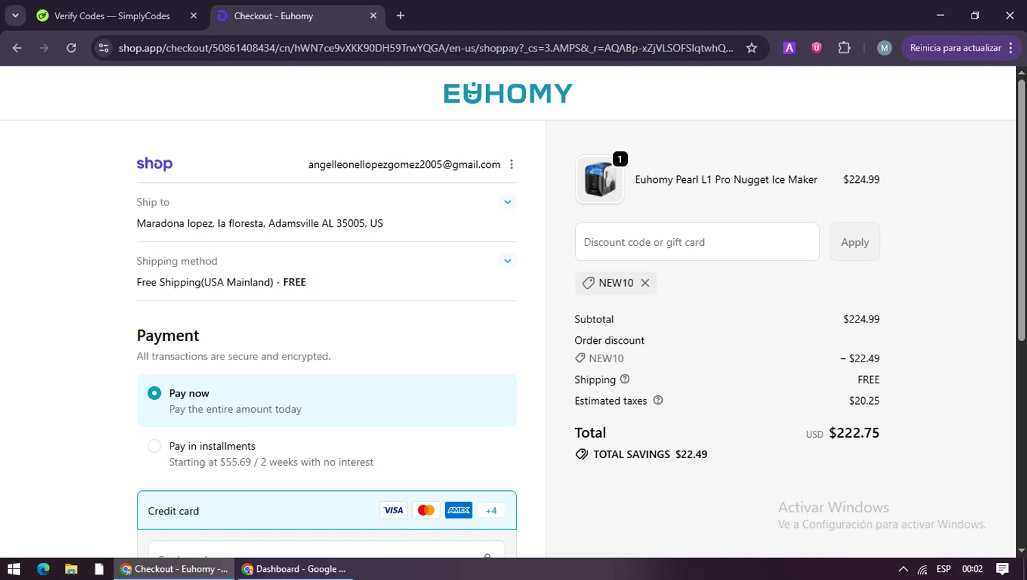 Euhomy discount code screenshot showing code NEW10 applied at Euhomy checkout page. Uploaded by SimplyCodes community member maraxo on Jan 15, 2026