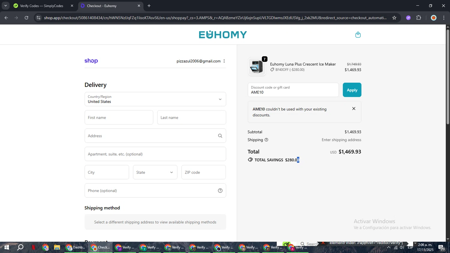 Euhomy discount code screenshot showing code AME10 applied at Euhomy checkout page. Uploaded by SimplyCodes community member BonusCaptain9927 on Nov 17, 2025