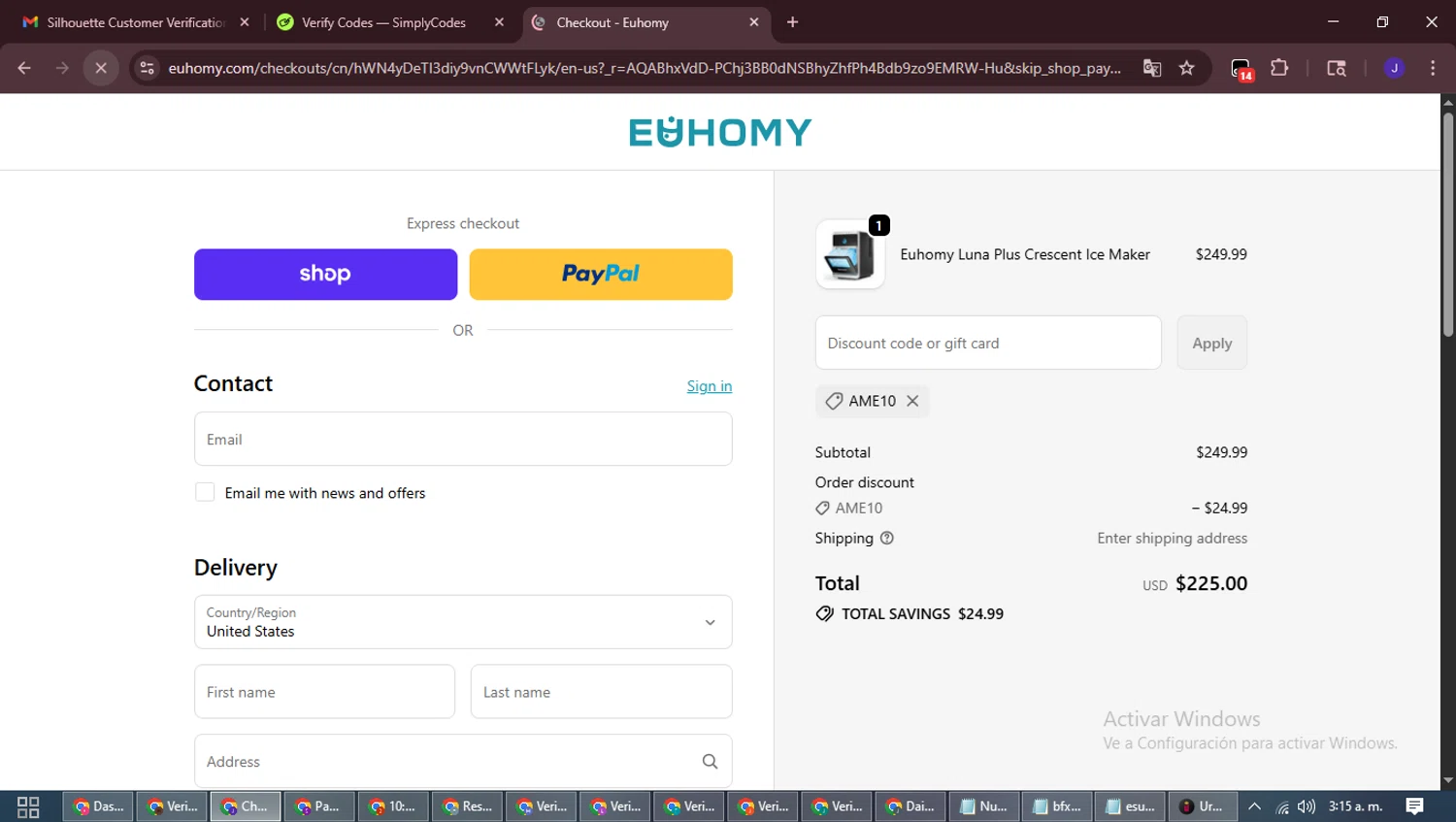 Euhomy discount code screenshot showing code AME10 applied at Euhomy checkout page. Uploaded by SimplyCodes community member LegendaryLegend9872 on Nov 6, 2025