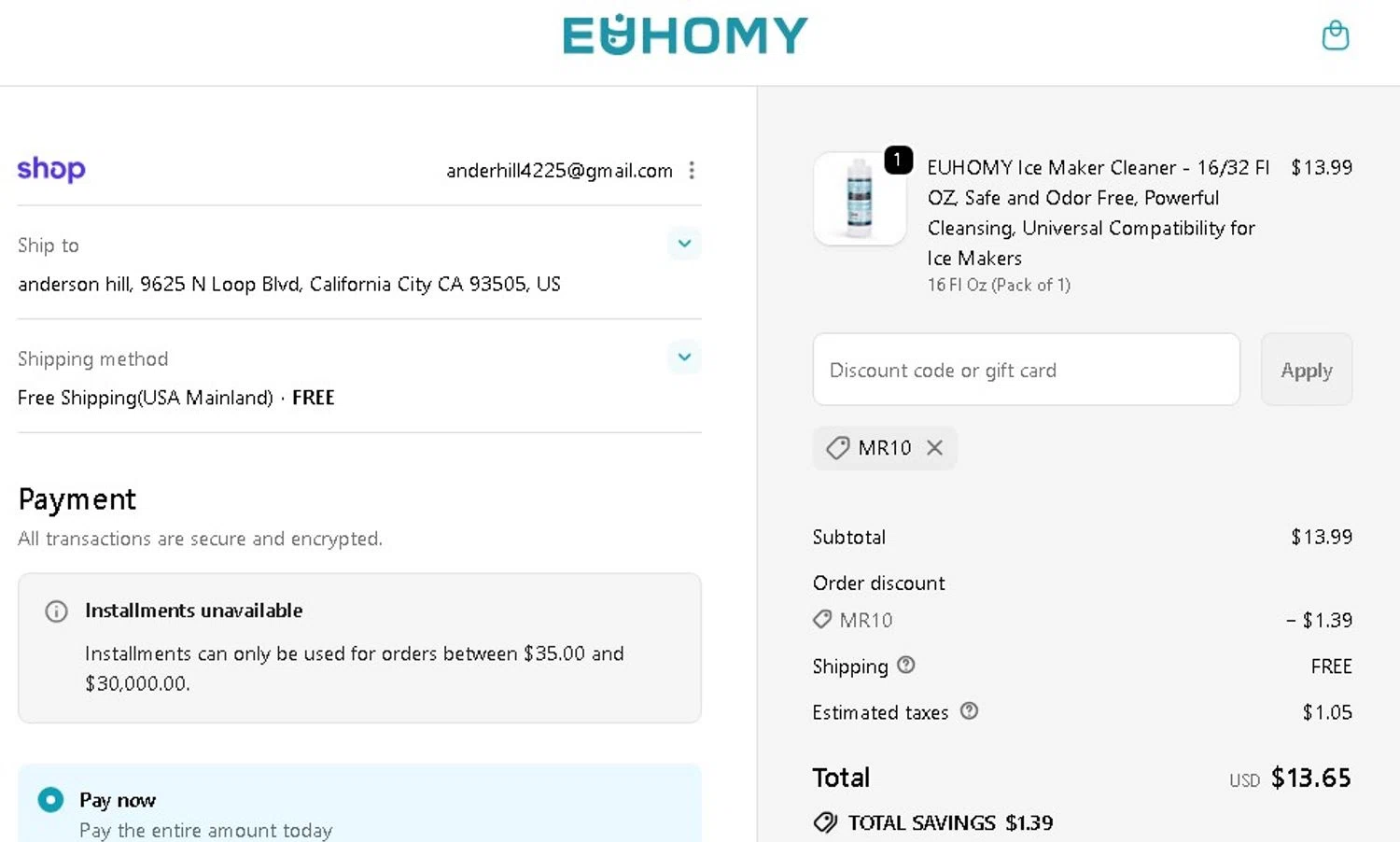 Euhomy discount code screenshot showing code MR10 applied at Euhomy checkout page. Uploaded by SimplyCodes community member Elcompa on Sep 28, 2025