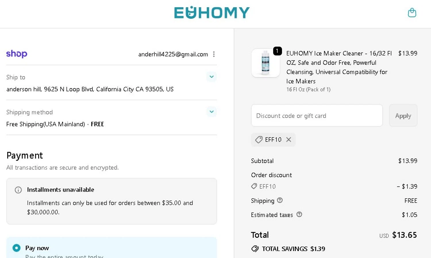 Euhomy discount code screenshot showing code NEW10 applied at Euhomy checkout page. Uploaded by SimplyCodes community member Elcompa on Sep 28, 2025