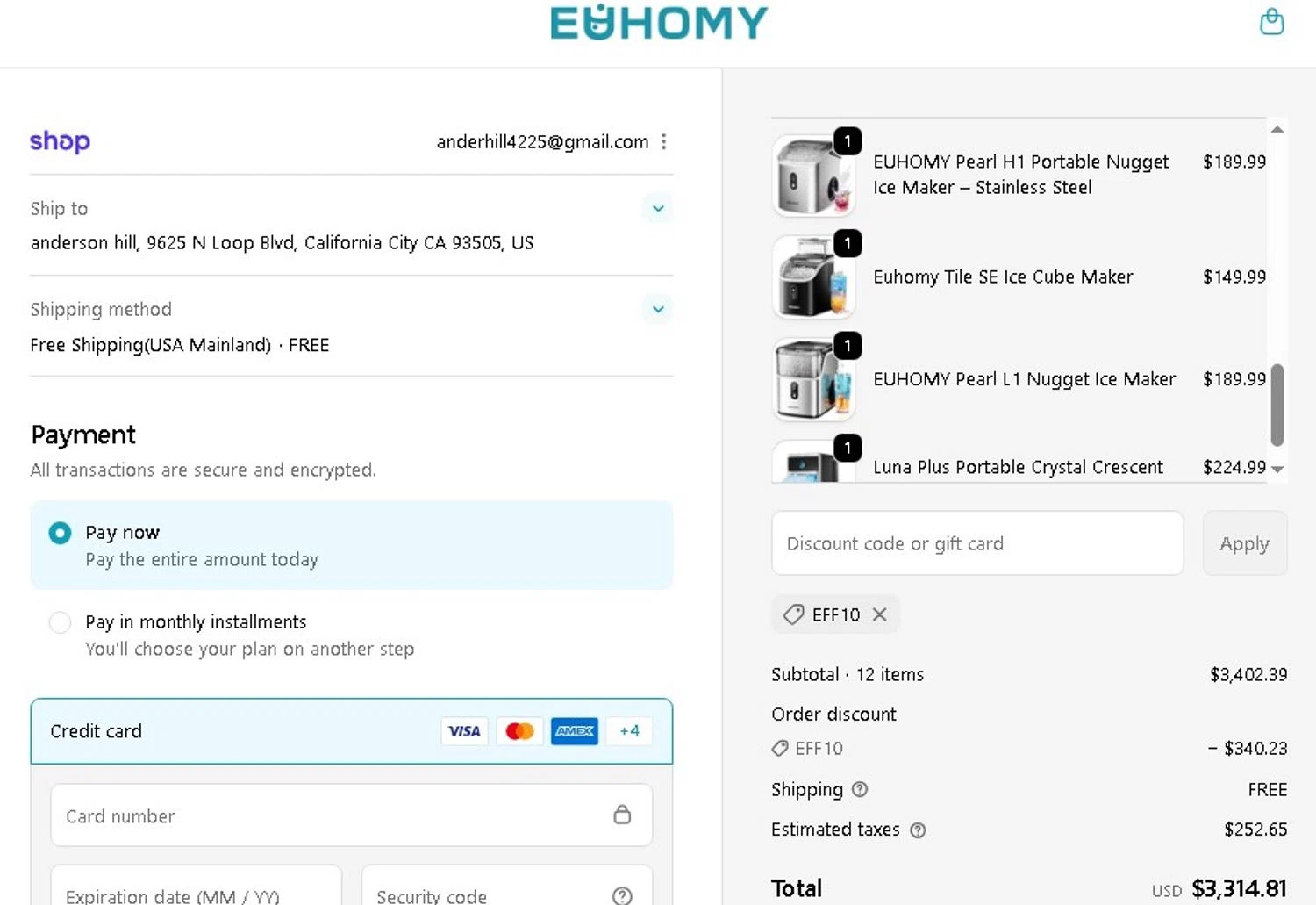 Euhomy discount code screenshot showing code EFF10 applied at Euhomy checkout page. Uploaded by SimplyCodes community member Elcompa on Sep 28, 2025