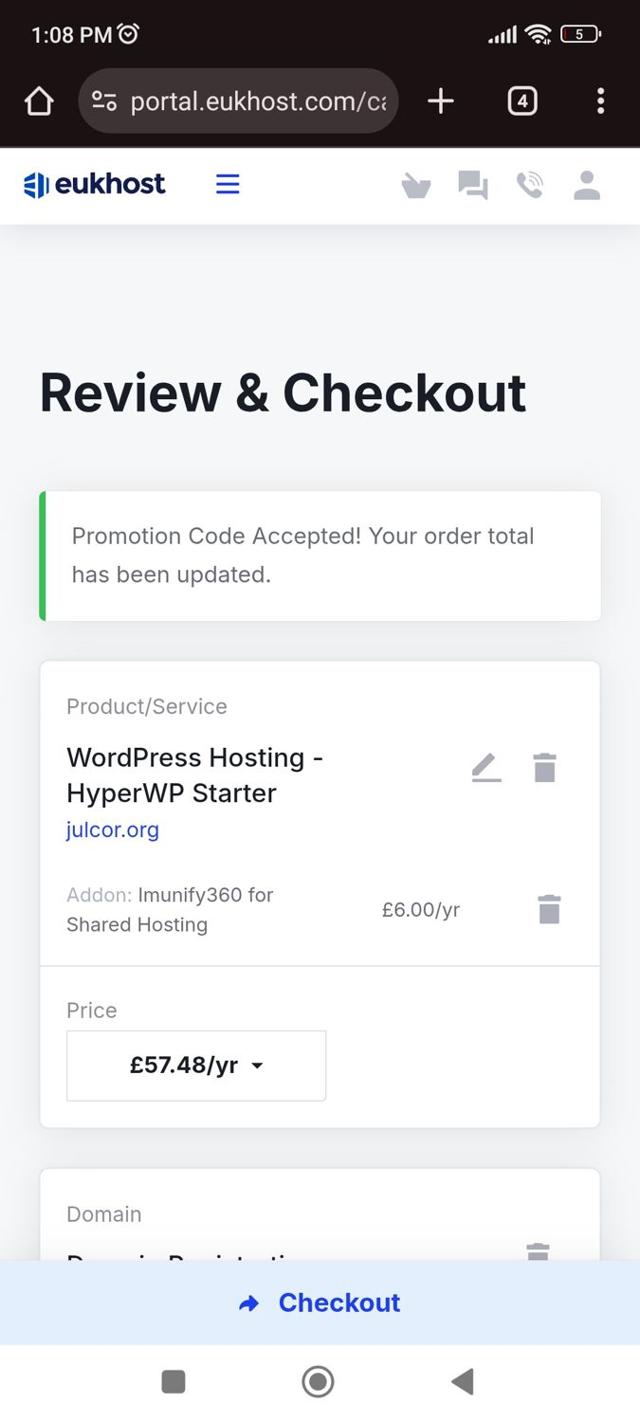 eUKhost checkout page showing eUKhost coupon code box | Screenshot taken by SimplyCodes community member on Sep 3, 2025