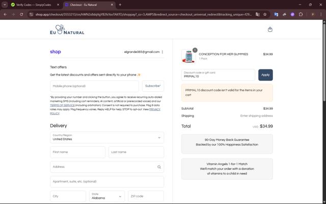 Eu Natural checkout page showing Eu Natural promo code box | Screenshot taken by SimplyCodes community member on Sep 12, 2025