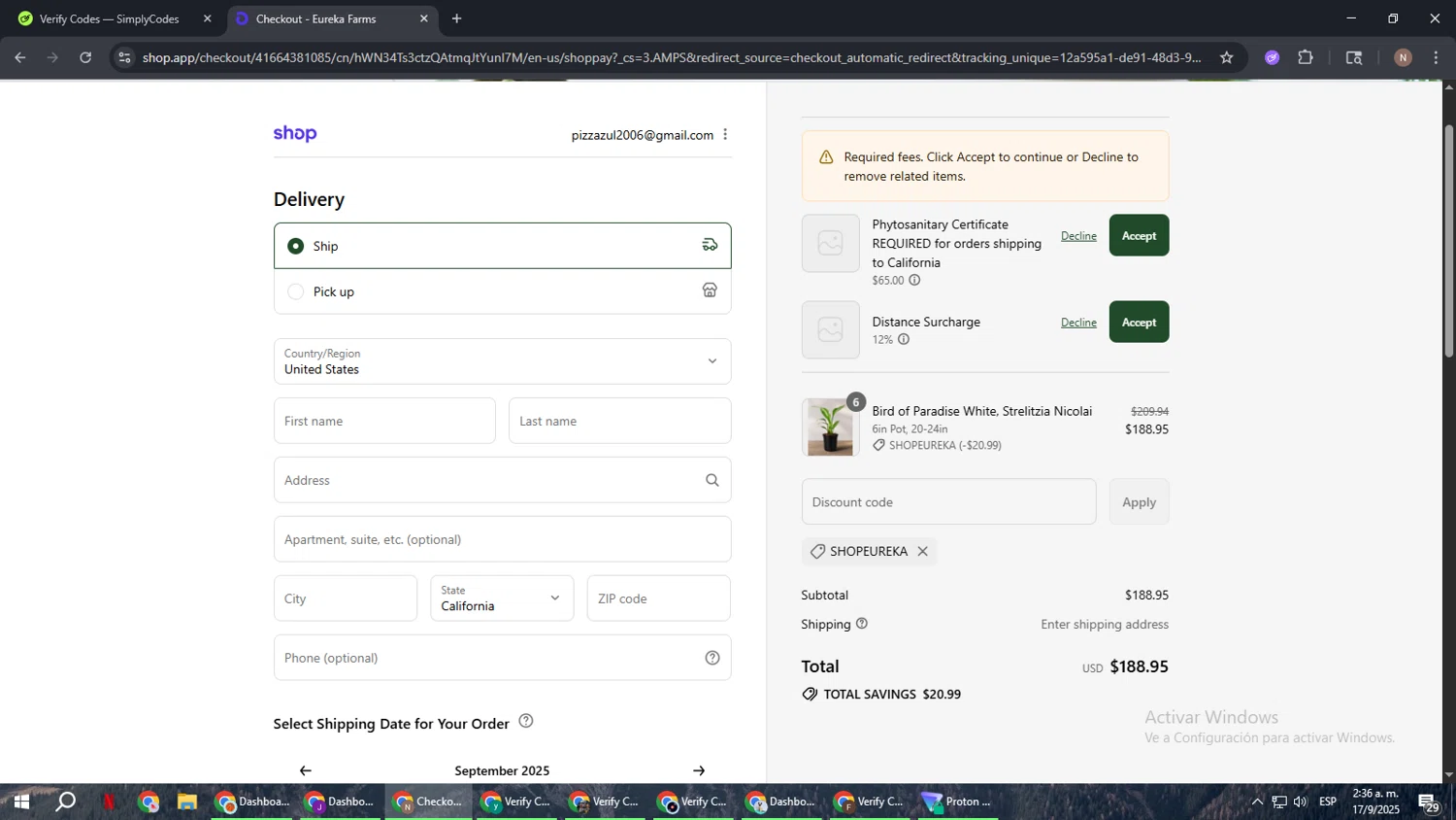 Eureka Farms discount code screenshot showing code SHOPEUREKA applied at Eureka Farms checkout page. Uploaded by SimplyCodes community member DiscountPioneer2554 on Sep 17, 2025