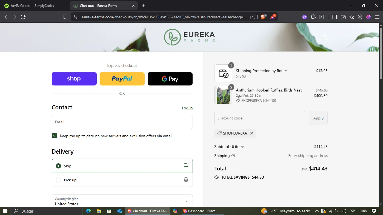 Eureka Farms discount code screenshot showing code SHOPEUREKA applied at Eureka Farms checkout page. Uploaded by SimplyCodes community member jairinho on Aug 13, 2025