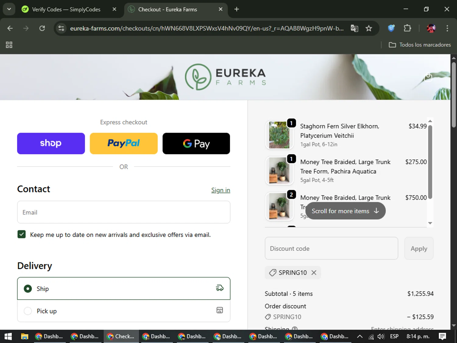 Eureka Farms discount code screenshot showing code SPRING10 applied at Eureka Farms checkout page. Uploaded by SimplyCodes community member SavingsEagle5772 on Dec 6, 2025