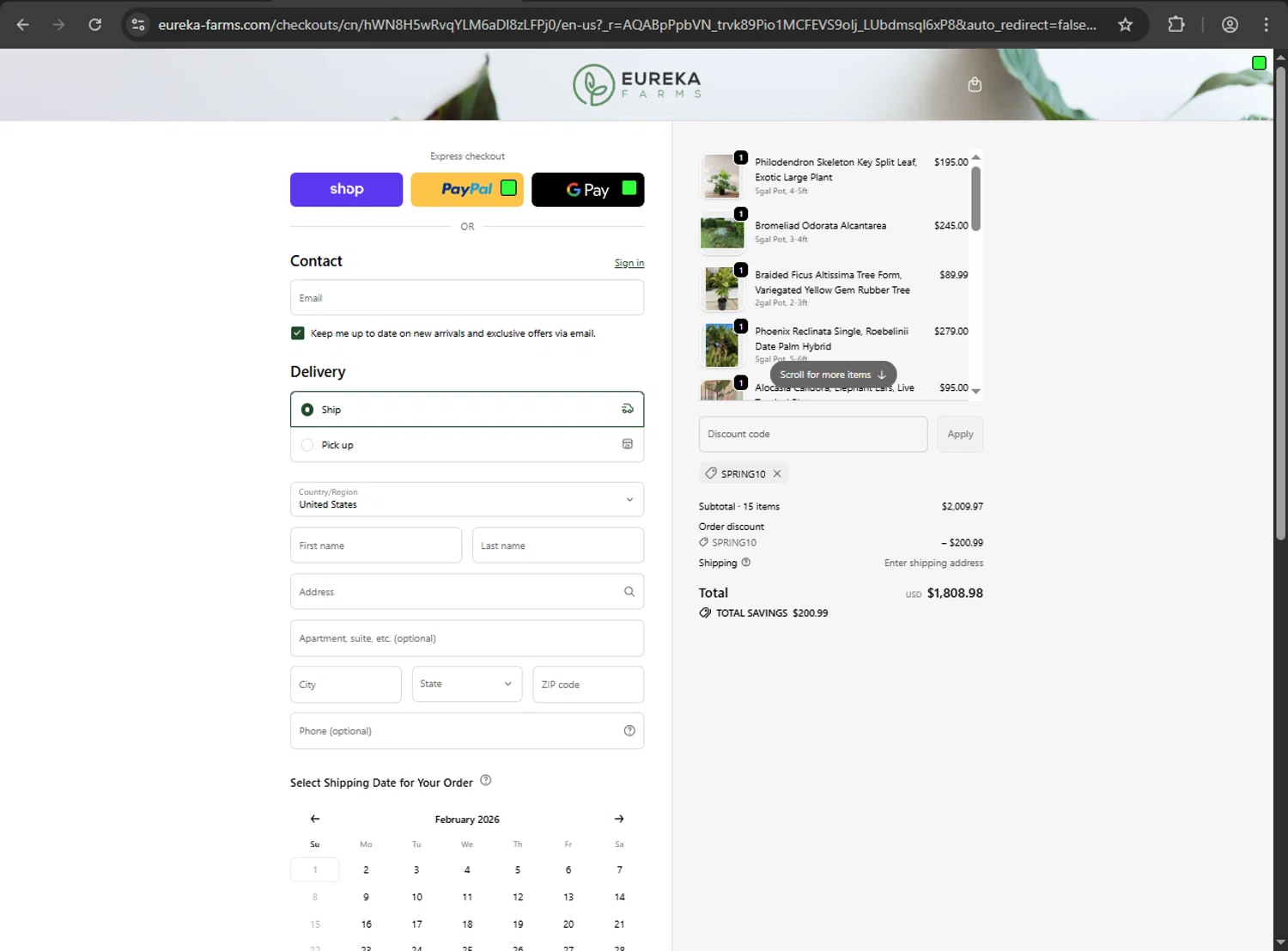 Eureka Farms discount code screenshot showing code SPRING10 applied at Eureka Farms checkout page. Uploaded by SimplyCodes community member webiwabo on Feb 1, 2026