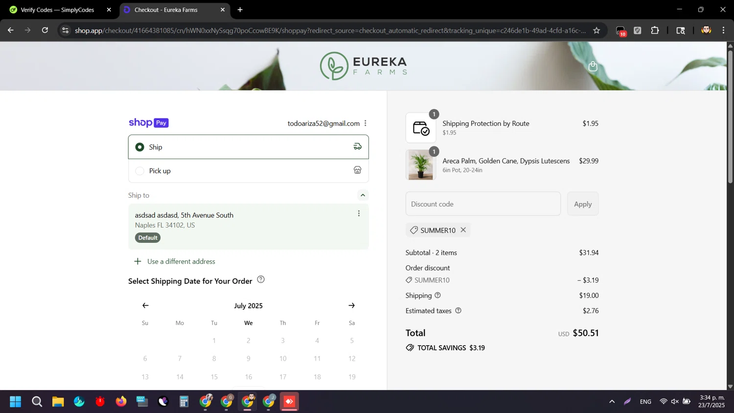 Eureka Farms discount code screenshot showing code SUMMER10 applied at Eureka Farms checkout page. Uploaded by SimplyCodes community member ArizaJuan on Jul 23, 2025