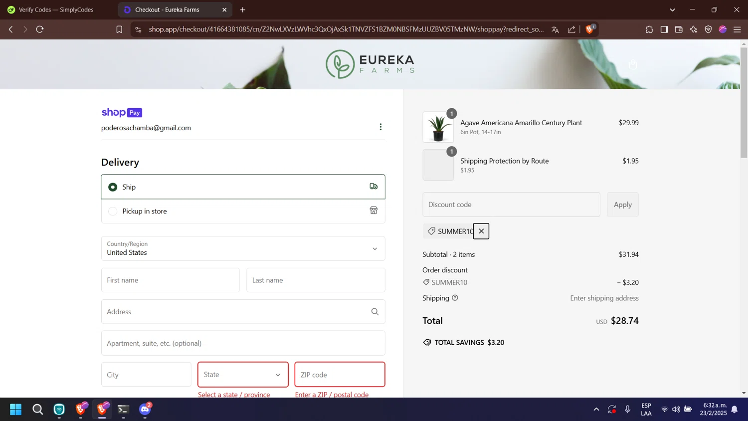 Eureka Farms discount code screenshot showing code SUMMER10 applied at Eureka Farms checkout page. Uploaded by SimplyCodes community member nabucodonosor on Feb 23, 2025