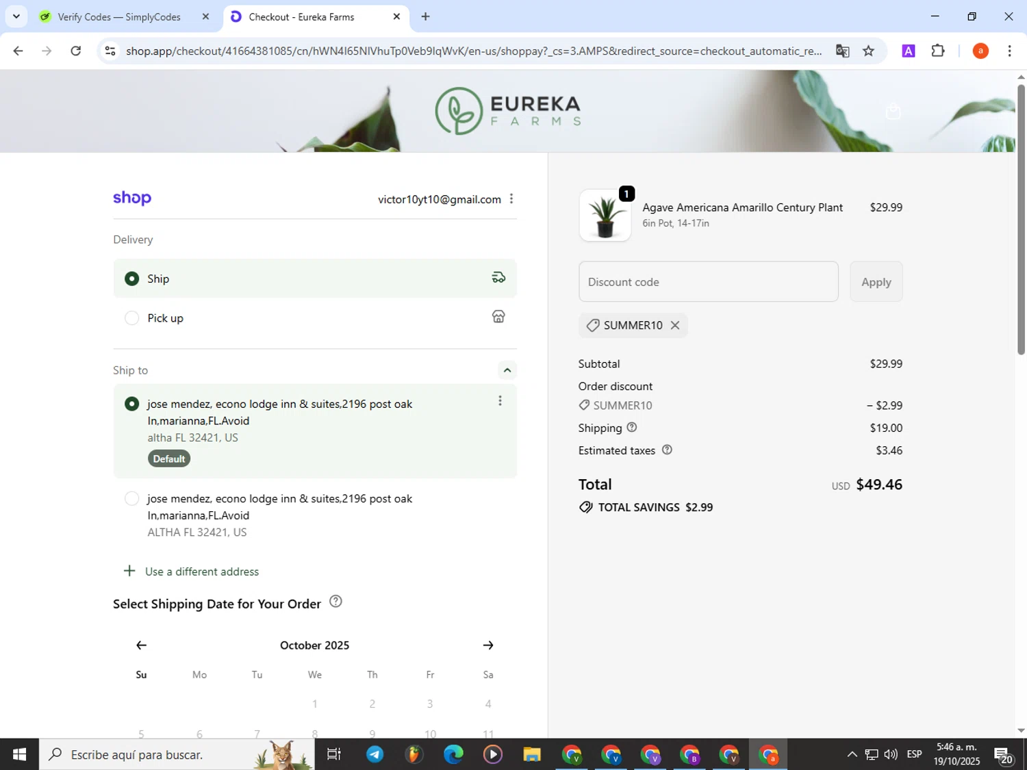 Eureka Farms discount code screenshot showing code SUMMER10 applied at Eureka Farms checkout page. Uploaded by SimplyCodes community member partenalgas on Oct 19, 2025