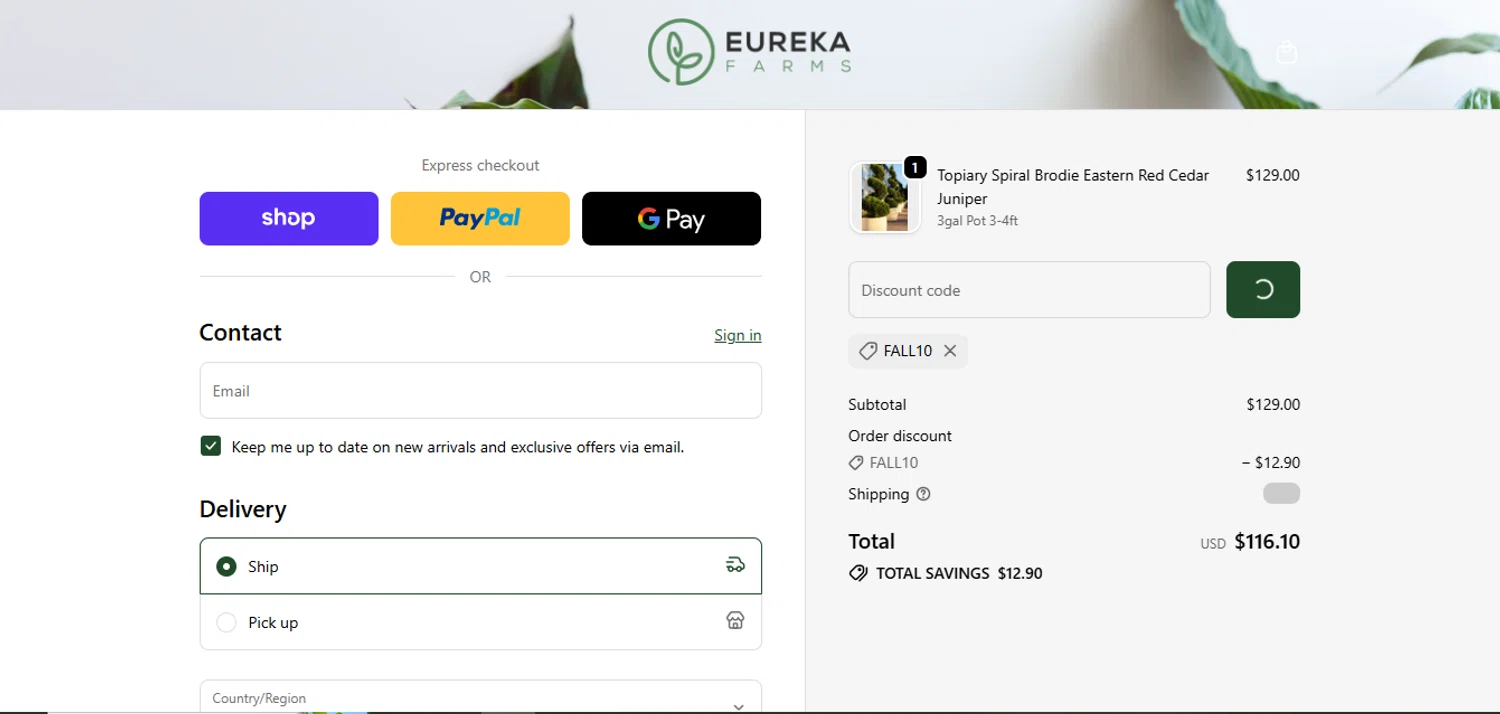 Eureka Farms discount code screenshot showing code FALL10 applied at Eureka Farms checkout page. Uploaded by SimplyCodes community member juanisaac on Oct 4, 2025